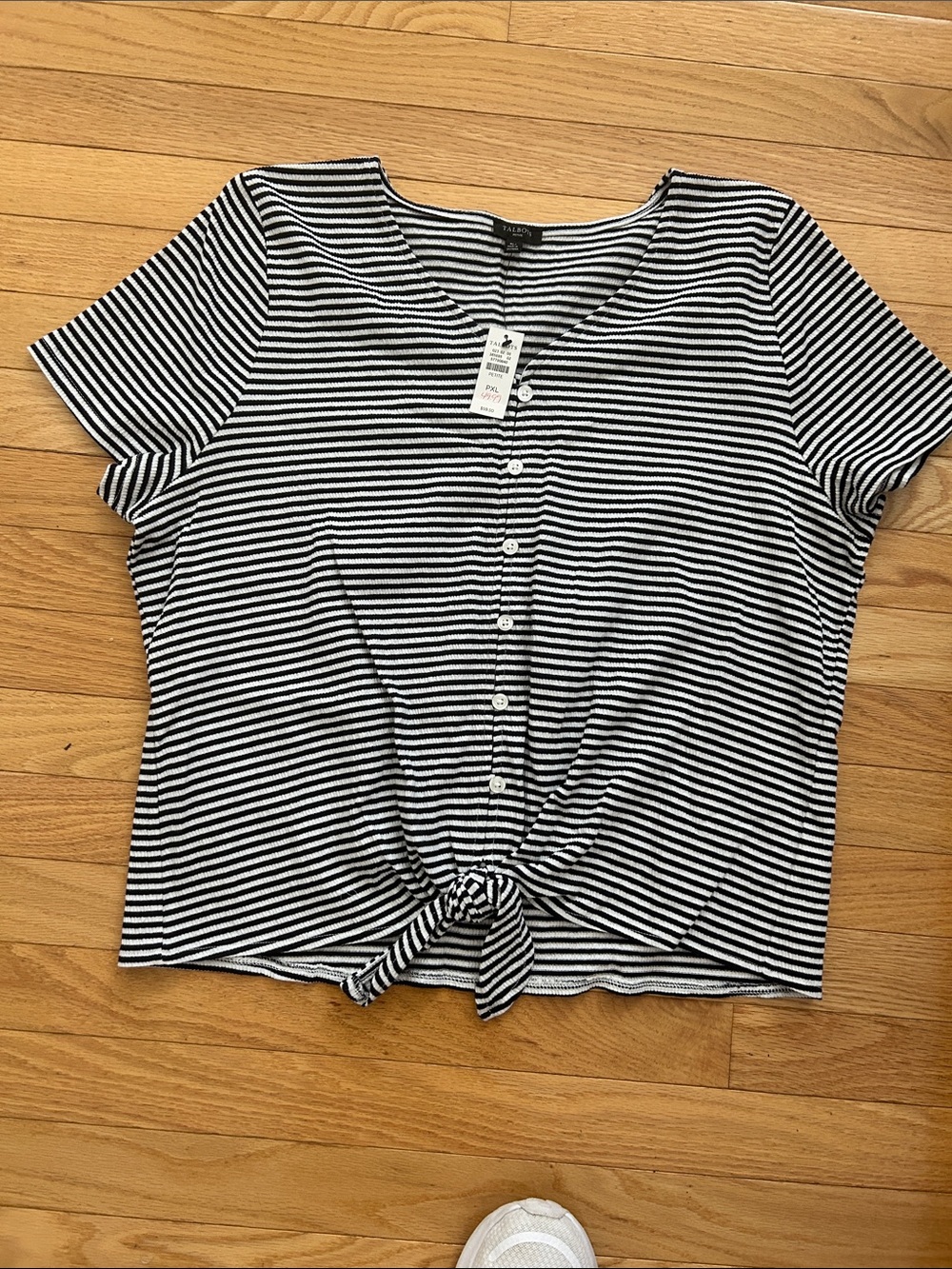 Talbots Black & White Striped Button Tie-Front Tee